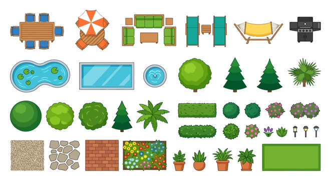 Outdoor furniture and landscaping elements top view vector illustration