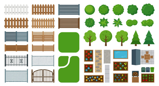 vector illustration of fences trees and garden elements on white background