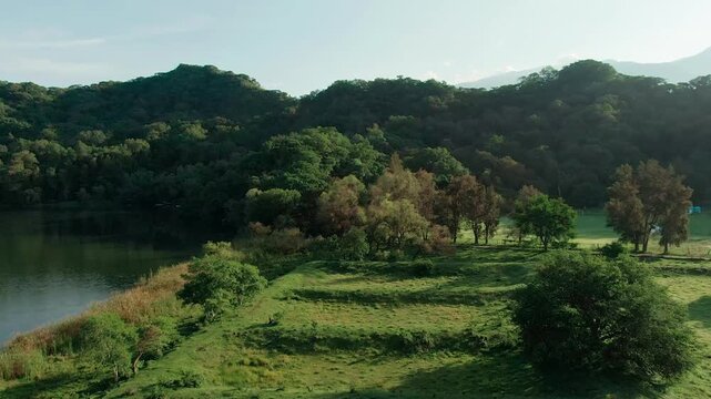 Aerial view moves over lush forested hills by a calm lake in bright daylight