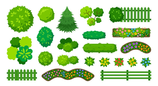 Top view garden elements set vector illustration on white background