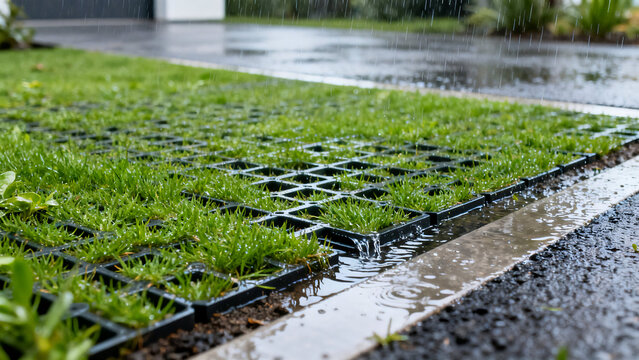 Rain Garden Drainage: Close-up of rain garden drainage with a permeable lawn grid. This permeable lawn, a sustainable solution, showing how water drains through the grid into the surrounding garden.