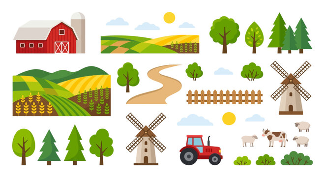 Farm scene illustration with barn fields trees and animals