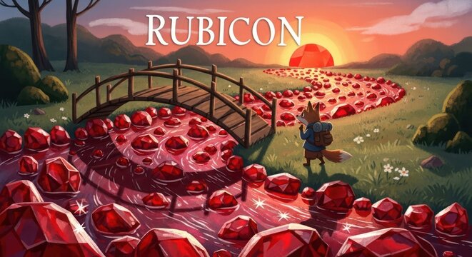 Cartoon fox character with backpack crosses bridge over river of rubies at sunset. Fantasy landscape with Rubicon text on top of illustration.