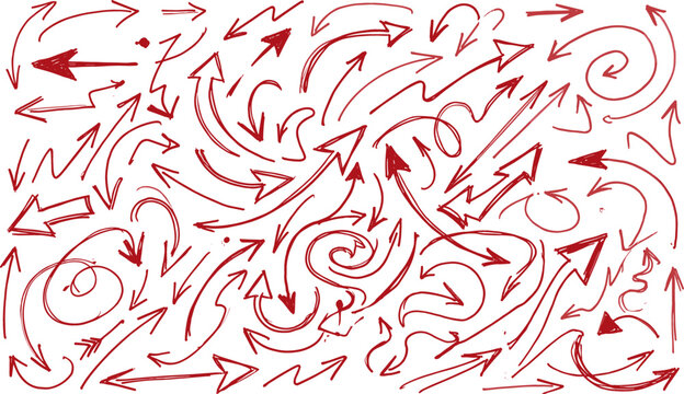 Massive Set of Hand Drawn Red Marker Arrows with Textured Swirls Loops and Directional Pointers for Business Strategy Presentations Infographic Designs and Creative Document Markup Symbols