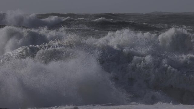 Atlantic ocean with powerfull waves filmed in slow motion.