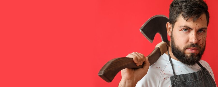 Man dressed as butcher with ax for Halloween on red background with space for text