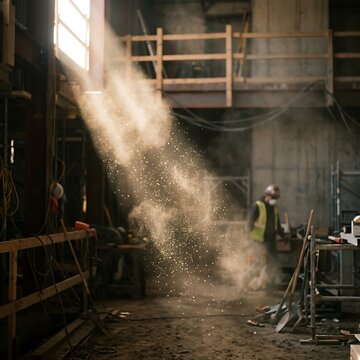 Construction worker in a warehouse with dust and debris flying around him