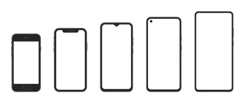 Flat models smartphone with blank screens. Smartphone mockup collection. Device front view. 2d mobile phone evolution on transparent background - stock vector.