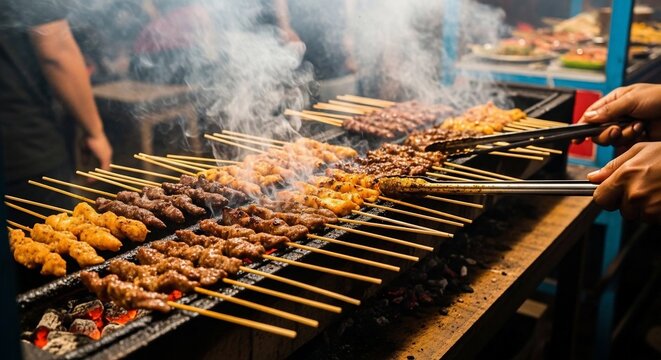 Skewered food cooking on grill
