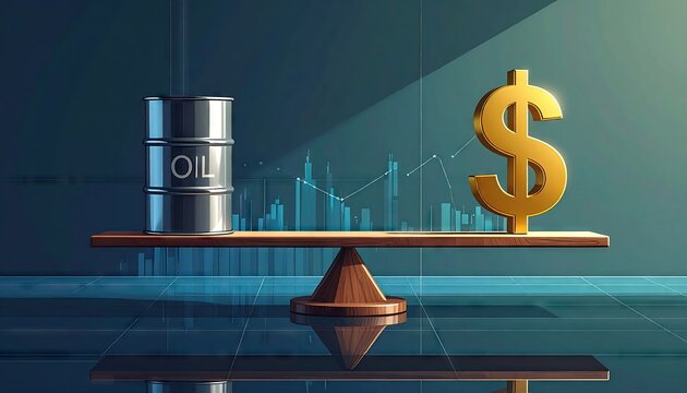Oil barrel and dollar sign balanced on a teeter totter concept