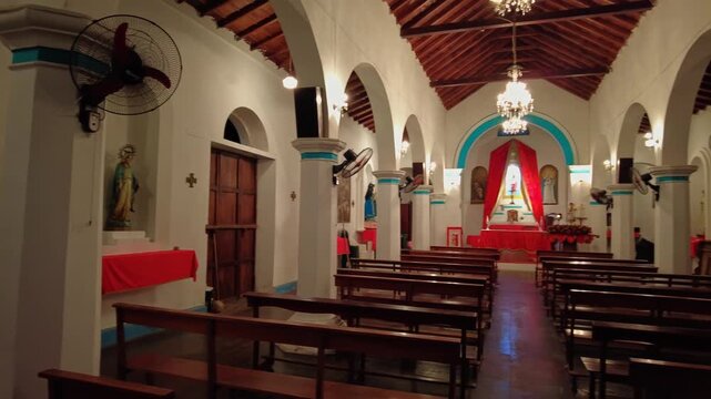 POV general pan of the interior of the Puerto Colombia Church in Choroni, Aragua, Venezuela