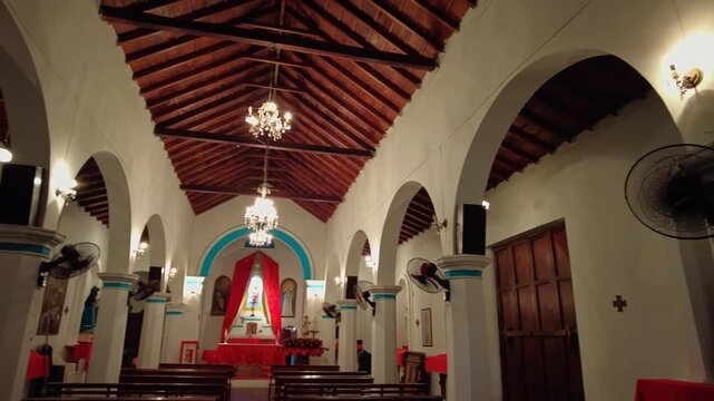 Panoramic view of the interior arches and ceilings of the main church in Puerto Colombia, Choroni, Aragua, Venezuela