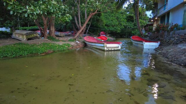Static view establishing fishing boats at a small pier on a calm river, Choroni, Aragua, Venezuela