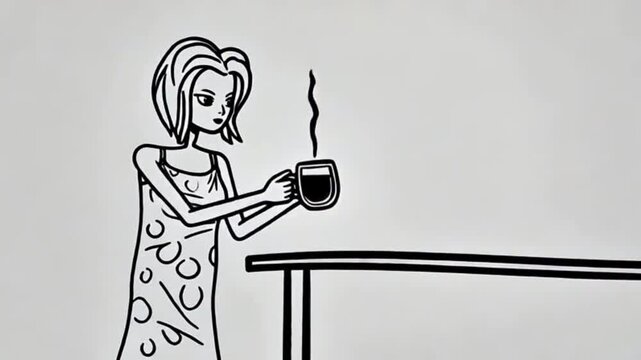 The girl goes to the table and picks up a mug to drink tea or coffee.
