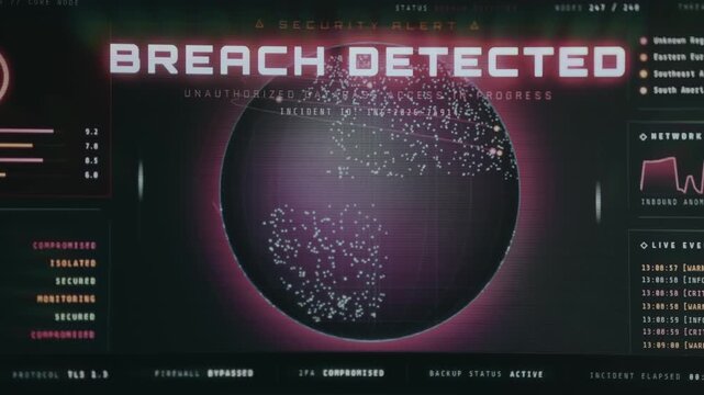 Security alert of a Breach Detected, Unauthorized database access in progress. Cybersecurity alert screen