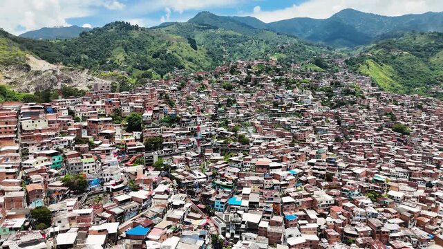 Aerial Drone Footage of Medell&iacute;n Cable Car System &ndash; Comuna 13 Urban Landscape and Mountain City