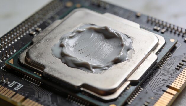 Hands applying thermal paste to a computer CPU in close up on processor cooling surface