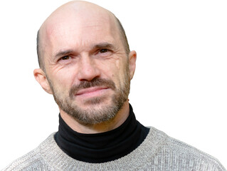 Fototapeta premium Portrait of a Mature Bald Man with a Beard and Grey Sweater Isolated on White Background