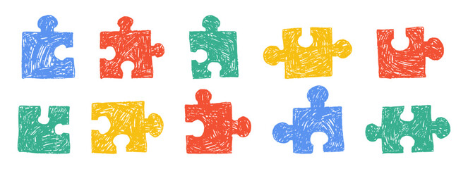 Naklejka premium Puzzle pieces doodle crayon scribble texture set. Jigsaw puzzle pieces hand drawn. Children book, educational material, poster, sticker, print, playful kids design elements