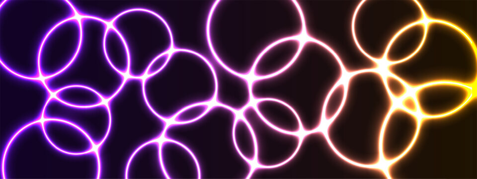 Abstract neon glowing circles pattern with overlapping rings in vibrant purple and orange gradients on dark background. Futuristic seamless style ideal for tech visuals, wallpapers and digital design