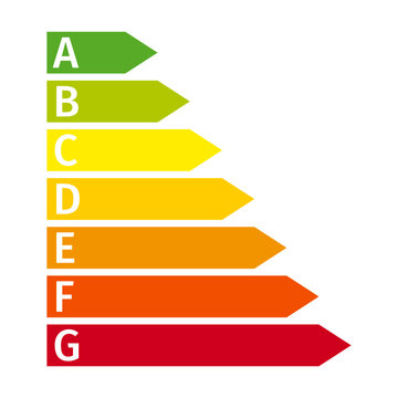 Energy efficiency rating scale featuring performance classes from A to G. Vector symbols for environmental reports, product packaging, sustainability infographics