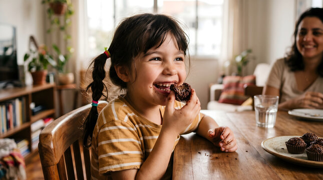 A happy girl eating a chocolate brigadeiro at home