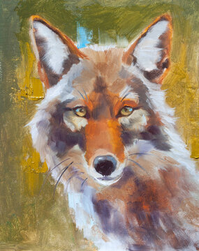 Ritratto espressivo di coyote selvatico in stile pittura a olio moderna, arte faunistica con pennellate materiche e colori caldi autunnali.