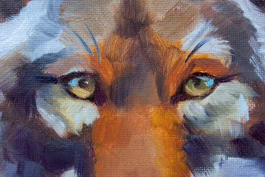 Ritratto espressivo di coyote selvatico in stile pittura a olio moderna, arte faunistica con pennellate materiche e colori caldi autunnali.