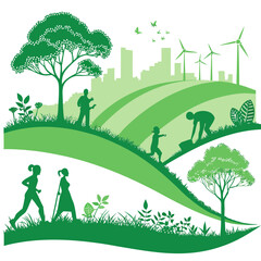 green landscape with city skyline wind turbines and people silhouettes © RUJINA