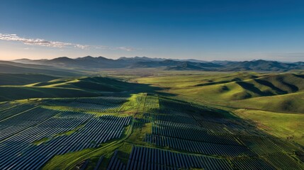 Solar farm on green hills with mountain range at sunset