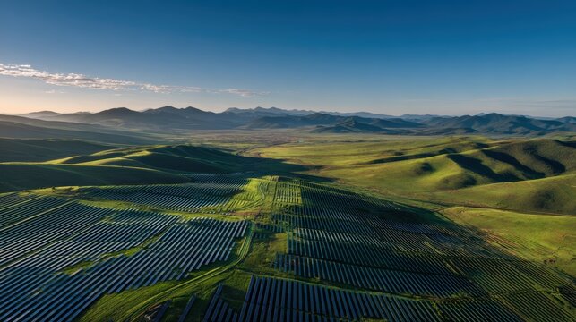 Solar farm on green hills with mountain range at sunset