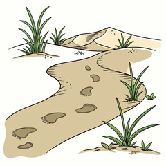 Desert landscape with footprints and sparse vegetation illustration high quality professional © RUJINA