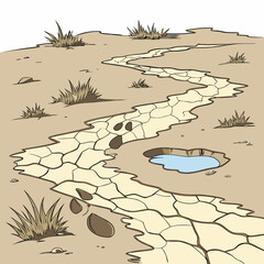 Cracked desert ground with water puddle and sparse vegetation illustration © RUJINA