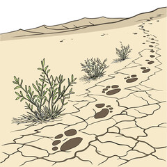 Desert landscape with sparse vegetation and animal footprints illustration high quality © RUJINA
