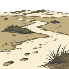 desert landscape illustration with footprints and sparse vegetation high quality professional © RUJINA