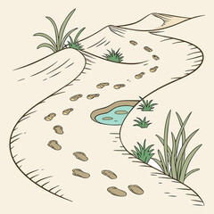 Sand dune landscape with footprints and sparse vegetation illustration high quality © RUJINA