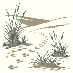 Desert landscape with animal footprints and sparse vegetation sketch style © RUJINA