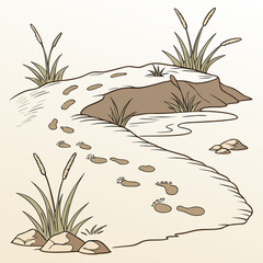 desert landscape with footprints and vegetation illustration high quality professional detailed © RUJINA