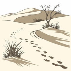 Desert landscape with footprints and sparse vegetation illustration high quality professional © RUJINA