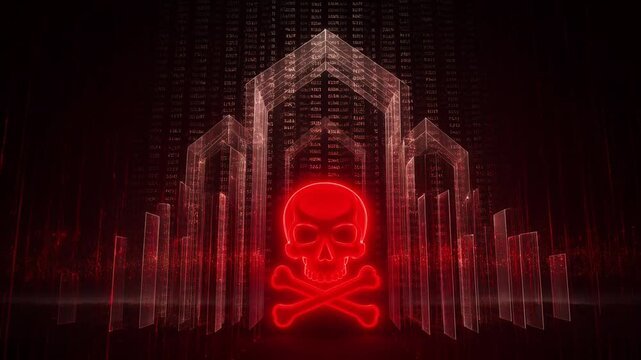 A glowing red neon skull pulses against a digital city backdrop, representing a high-tech cyberattack or security breach in a virtual environment filled with falling data.