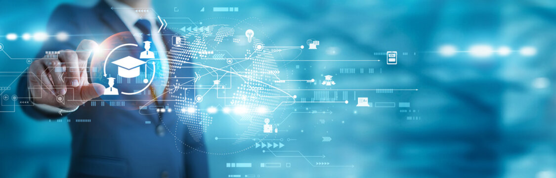 Innovation coach smart screen touch in hand EdTech solutions. Advanced network infrastructure integrates smart software and digital tools for the future of modern school systems.