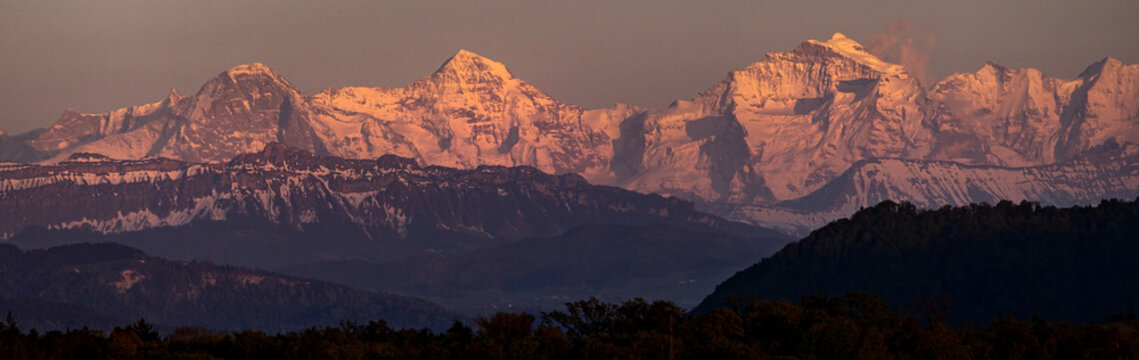 eiger moench and jungfrau mountain from far in switzerland panorama