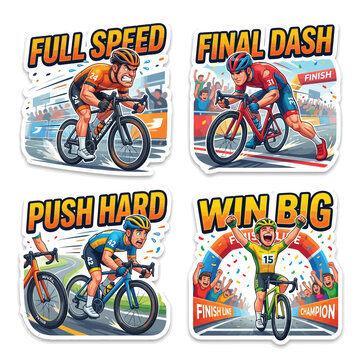 Cyclists Sprinting At The Finish Line Set Of 4 3D Cartoon Clean Vector Stickers Colorful Grid Layered Composition Playful Dynamic Vibrant High Contrast Modern Tech White Background Art