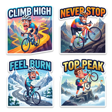 Professional Climber On Steep Mountain Set Of 4 3D Cartoon Clean Vector Stickers Colorful Grid Layered Composition Playful Dynamic Vibrant High Contrast Modern Tech White Background Art
