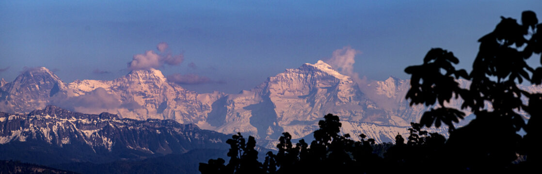 eiger moench and jungfrau mountain from far in switzerland panorama