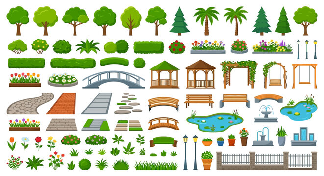 park elements vector illustration with trees bushes and garden features