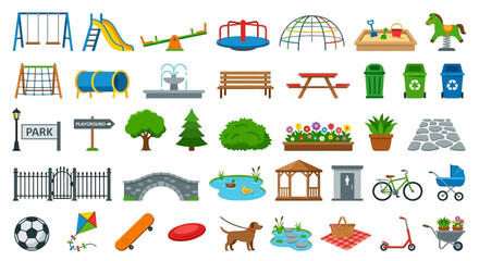 Fototapeta premium park icons set colorful flat vector illustrations on white background