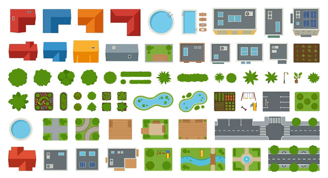 top view building and landscape elements vector illustration on white background