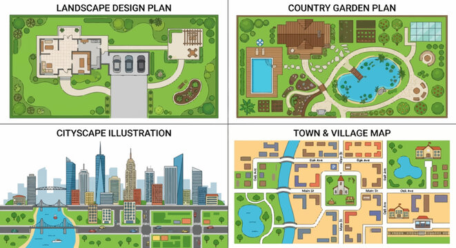 aerial view landscape design plan illustration with trees and buildings