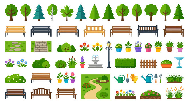 park elements vector illustration with trees benches and flowers